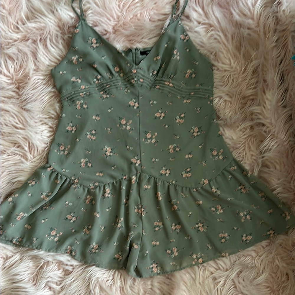 olive green and pink floral romper with ruffle hem - Picture 11 of 11
